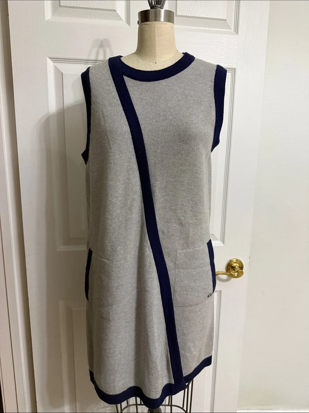 CHANEL Sleeveless Gray Knit Shift Dress with Navy Trim